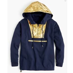NWT Women J.‎ Crew Blue Gold Foil Hood Quarter Zip Sweatshirt Hoodie S Anorak